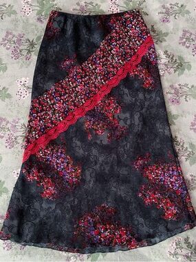 Vintage 90s Rag Y2K Grunge Fairy Floral Lace Midi Skirt 🖤❤️